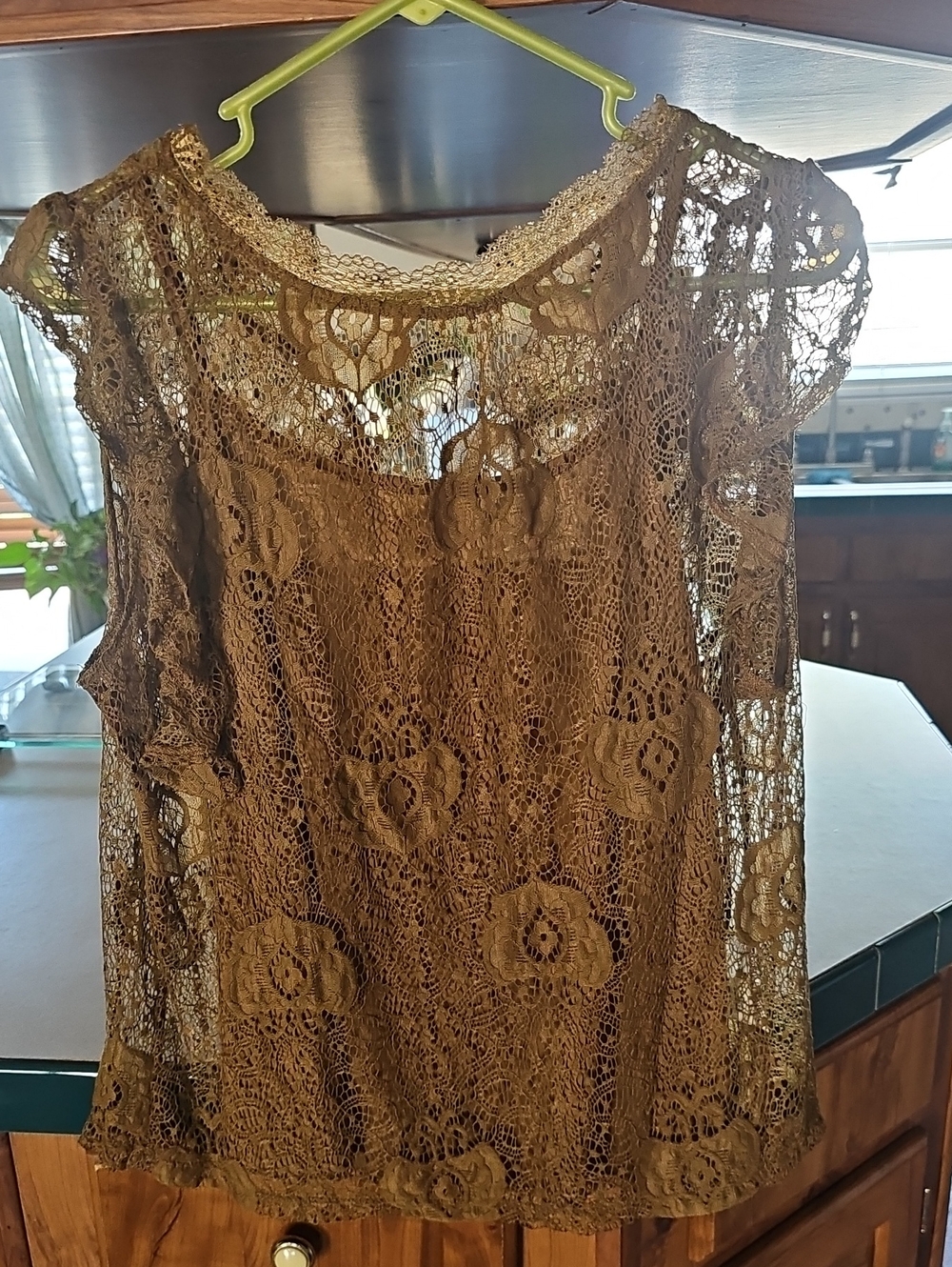 Adiva Olive Lace Crochet Cap Sleeve Blouse